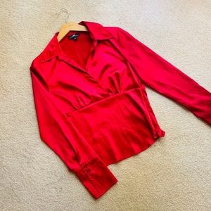 I.N. San Fransisco Red Satin Long Sleeve V-Neck